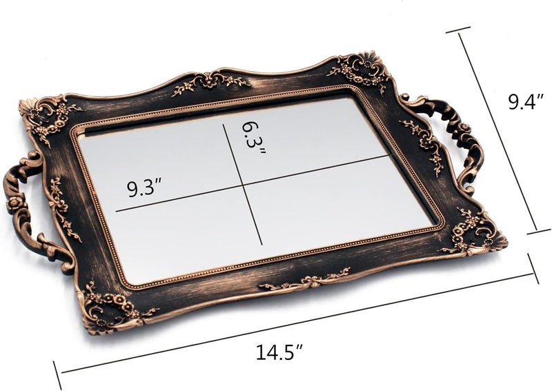 Tstarer Antique Decorative Gold Framed Square Mirror Tray, Jewelry & Cosmetics Organizer for Dresser, Square - 9.5" W x 14.5" L (Bronze) - Image 3